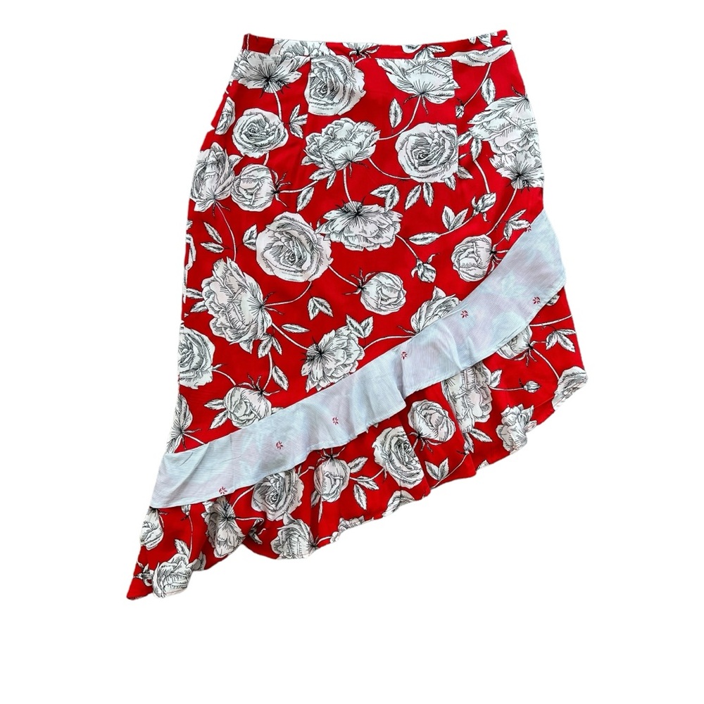 Jaase Floral Asymmetrical Skirt Womens Large Ruffled Cottage Boho Prairie Red